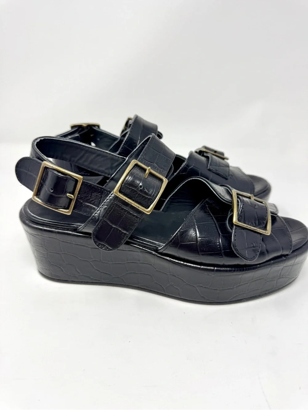 Caron Callahan Margaret Platform Sandal Faux Crocodile Buckle Straps Black Sz 9